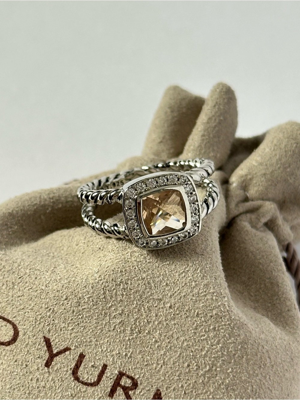 David Yurman Petite Albion Sterling Silver Peach Morganite Stone and Pave Ring